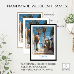 Tunisia Poster - North Africa Wall Art with Camels displayed in handmade wooden frames