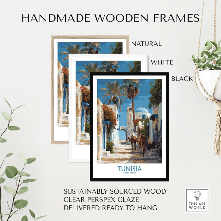 Handmade wooden frames in natural, white, and black styles for Tunisia wall art, made from sustainably sourced wood.