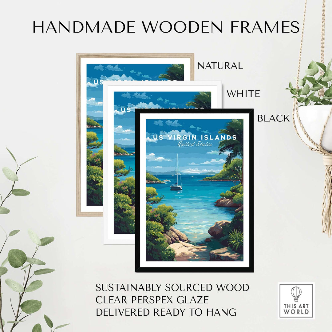 Handmade wooden frames in natural, white, and black for US Virgin Islands coastal art print, ready to hang.