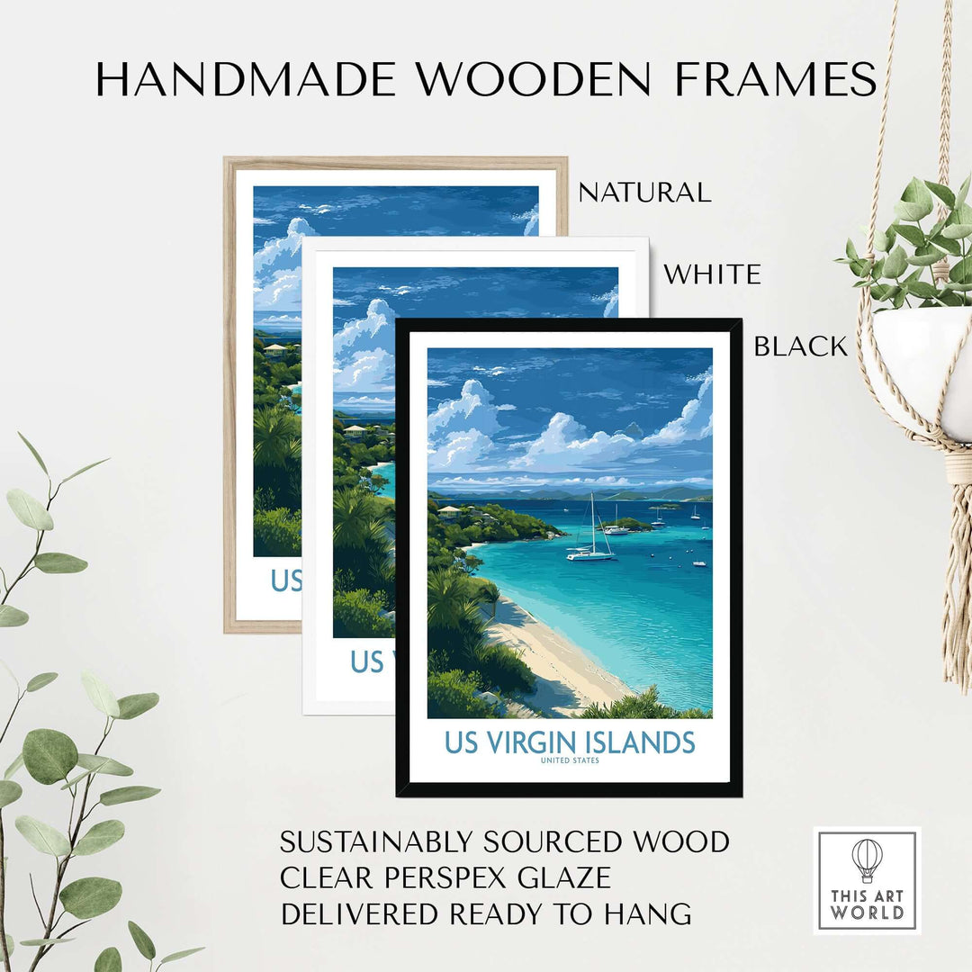 Handmade wooden frames in natural, white, and black for US Virgin Islands beach poster, sustainably sourced wood.