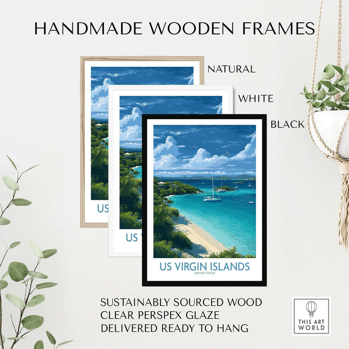 Handmade wooden frames in natural, white, and black for US Virgin Islands beach poster, sustainably sourced wood.