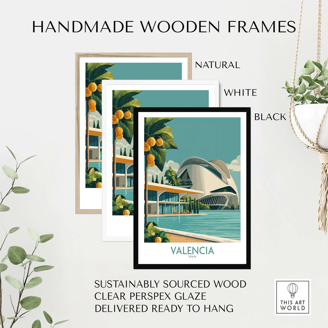 Handmade wooden frames in natural, white, and black for Valencia art print, sustainably sourced and ready to hang.