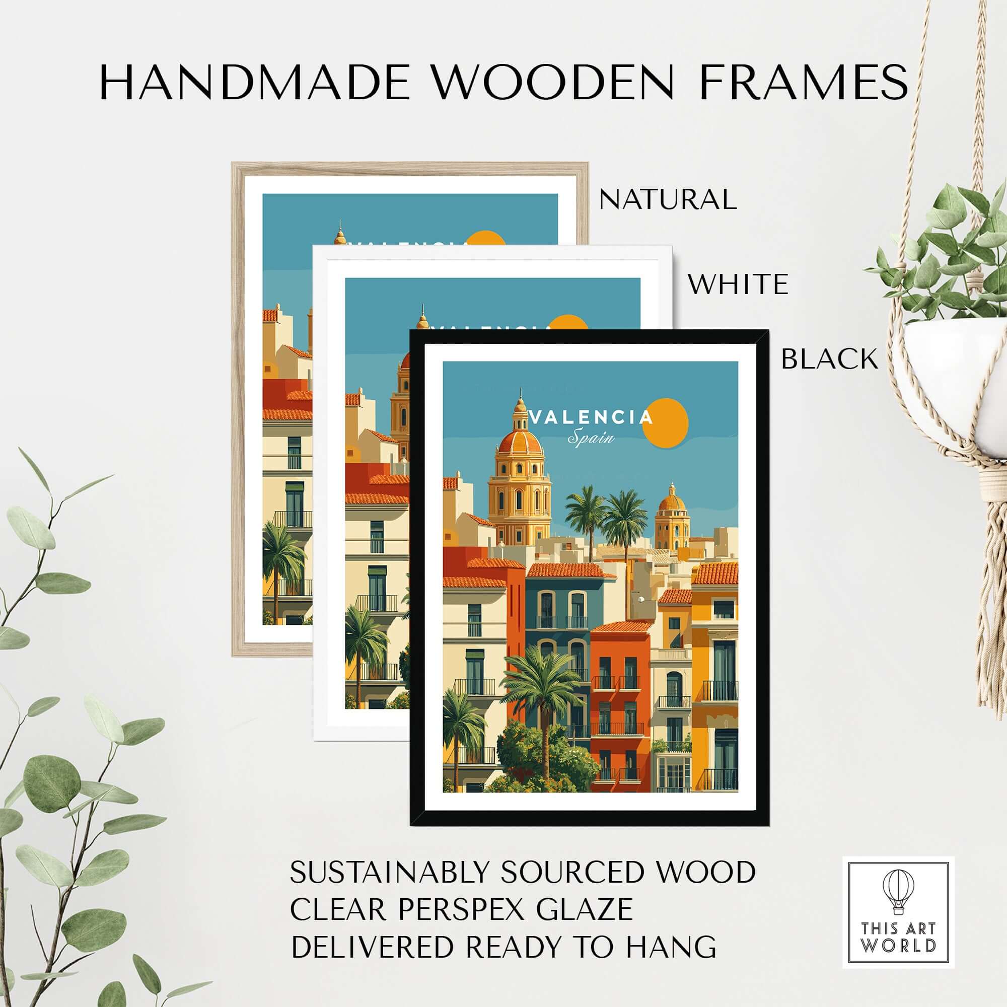 Valencia Poster Spain - Sunny Street Scene - Mediterranean City Wall Art displayed in handmade wooden frames in natural, white, and black.