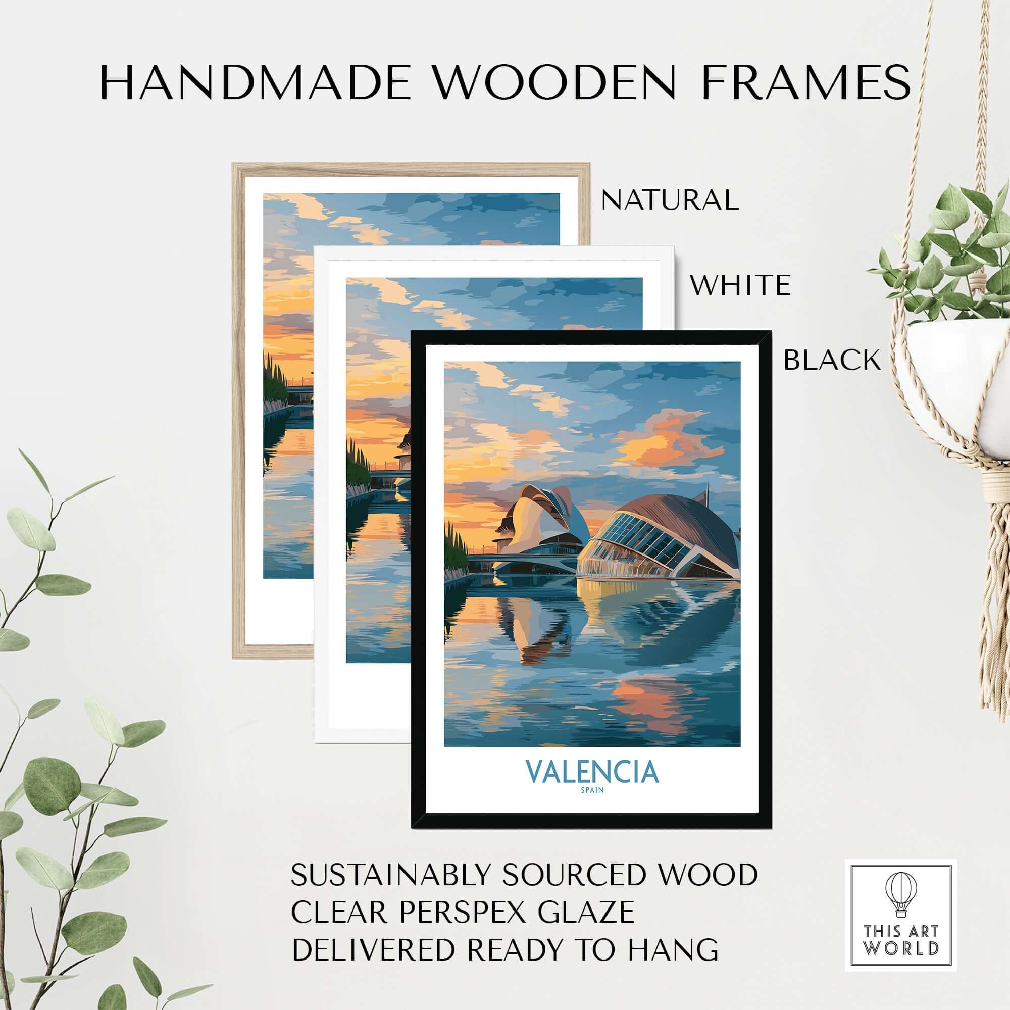 Valencia Travel Poster - Ciudad de las Artes y las Ciencias in handmade wooden frames, showcasing natural, white, and black options.