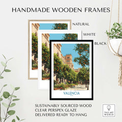 Valencia Old Town Wall Art - Spanish Urban Travel Decor framed in natural, white, and black handmade wooden frames.