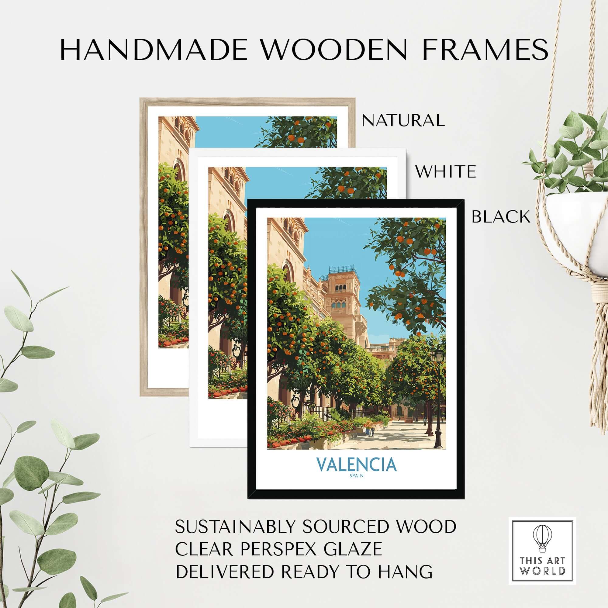Valencia Old Town Wall Art - Spanish Urban Travel Decor framed in natural, white, and black handmade wooden frames.