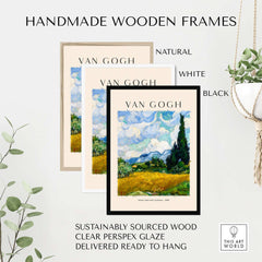 Handmade wooden frames for Vincent van Gogh Wheat Field with Cypresses 1889 Landscape Art Print showcasing natural, white, and black options.