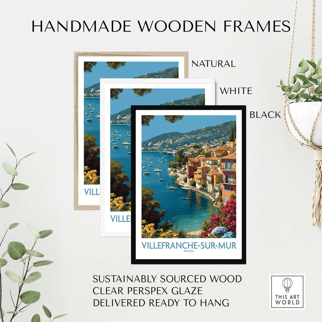 Handmade wooden frames in natural, white, and black for Villefranche-sur-Mer print, ready to hang.