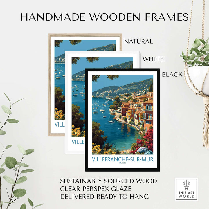 Handmade wooden frames in natural, white, and black for Villefranche-sur-Mer print, ready to hang.