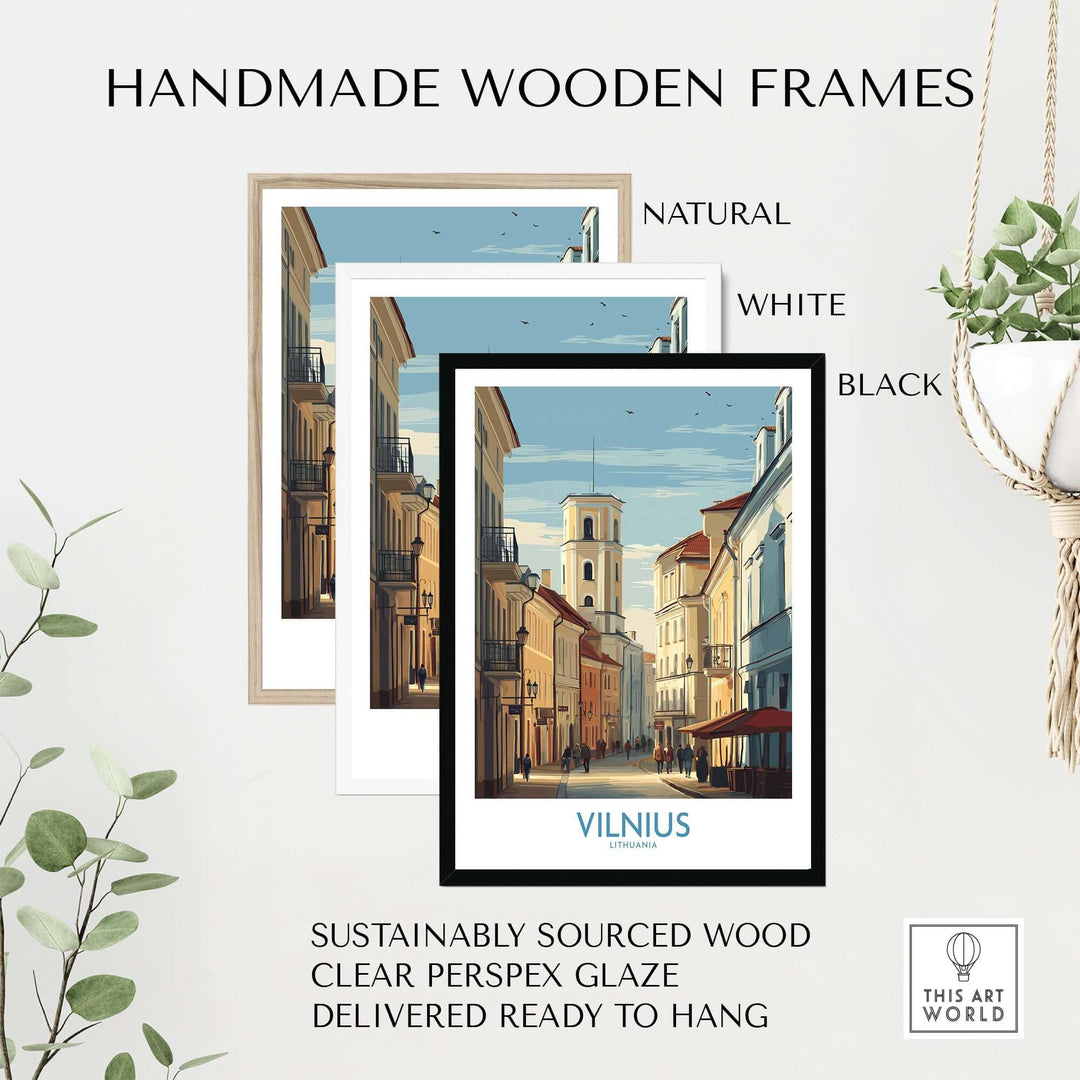 Handmade wooden frames for Vilnius poster in natural, white, and black styles. Sustainably sourced and ready to hang.