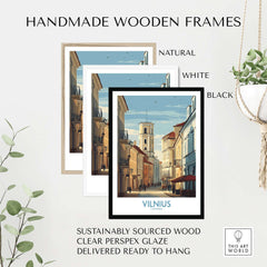 Vilnius Poster - Lithuania Old Town Wall Art - European City Print with handmade wooden frames in natural, white, and black.