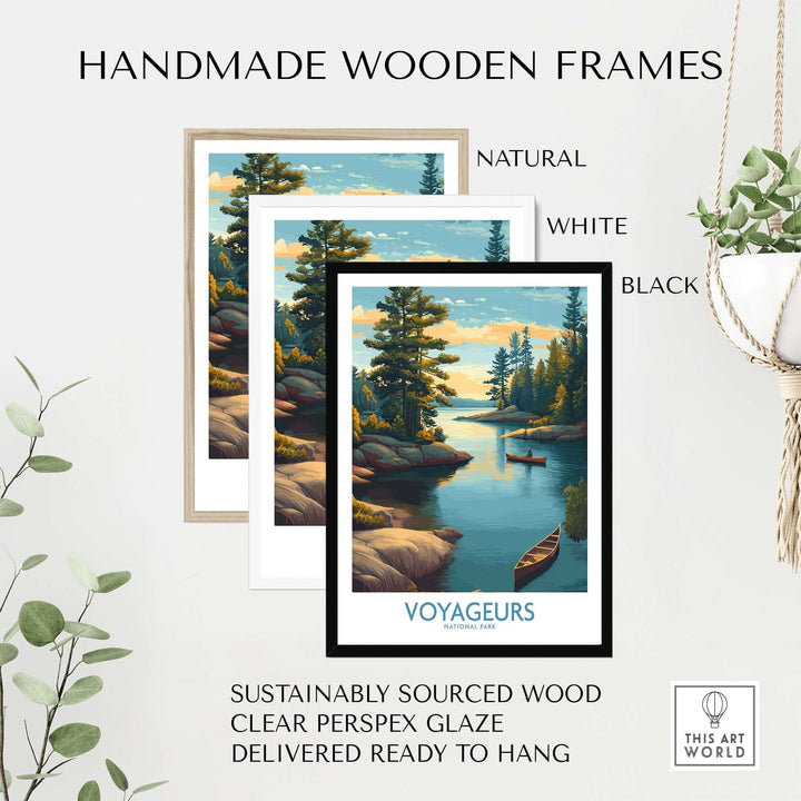 Handmade wooden frames for Voyageurs National Park Print | Minnesota Sunset Lake Poster in natural, white, and black colors.