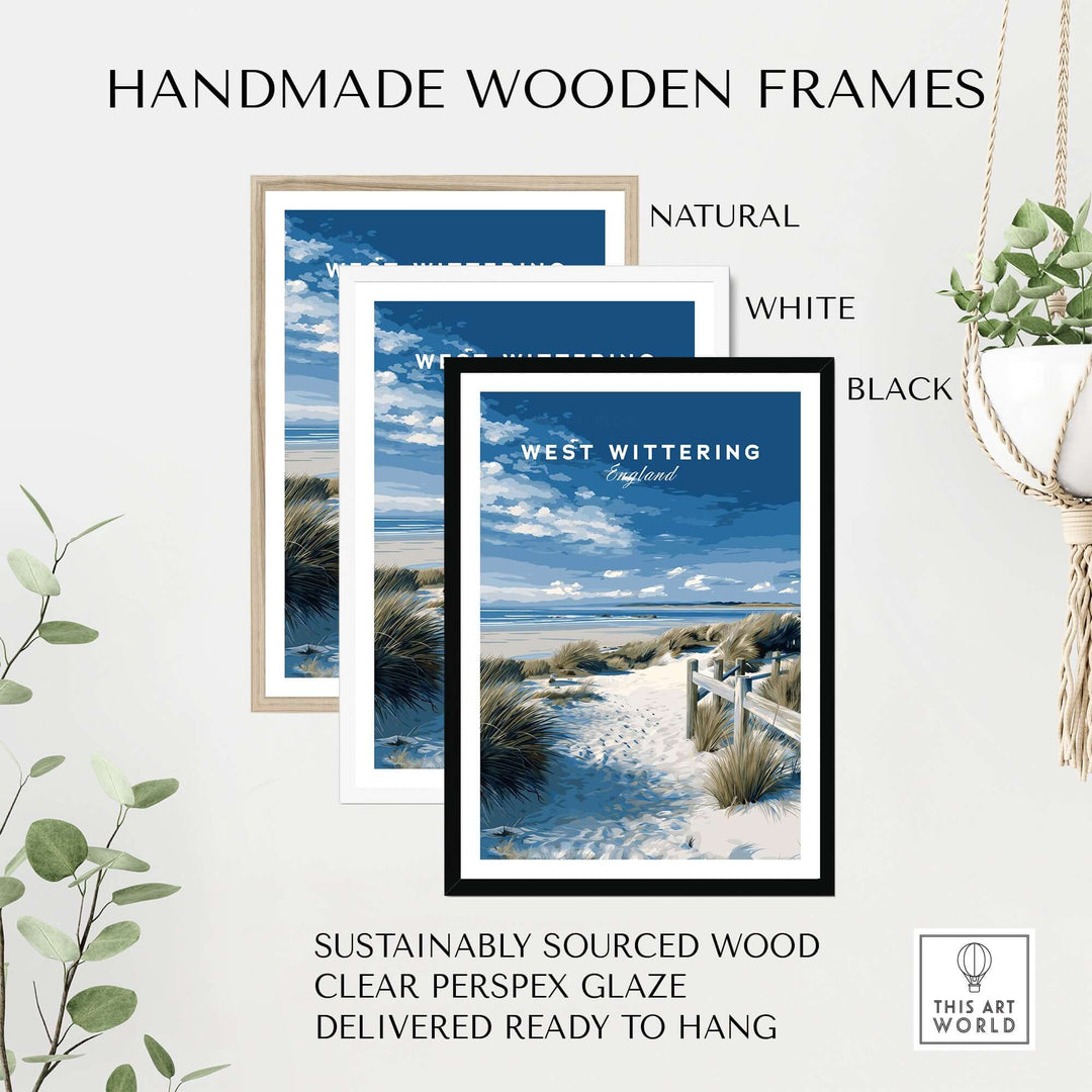 Handmade wooden frames in natural, white, and black for West Wittering Beach poster, made from sustainably sourced wood.