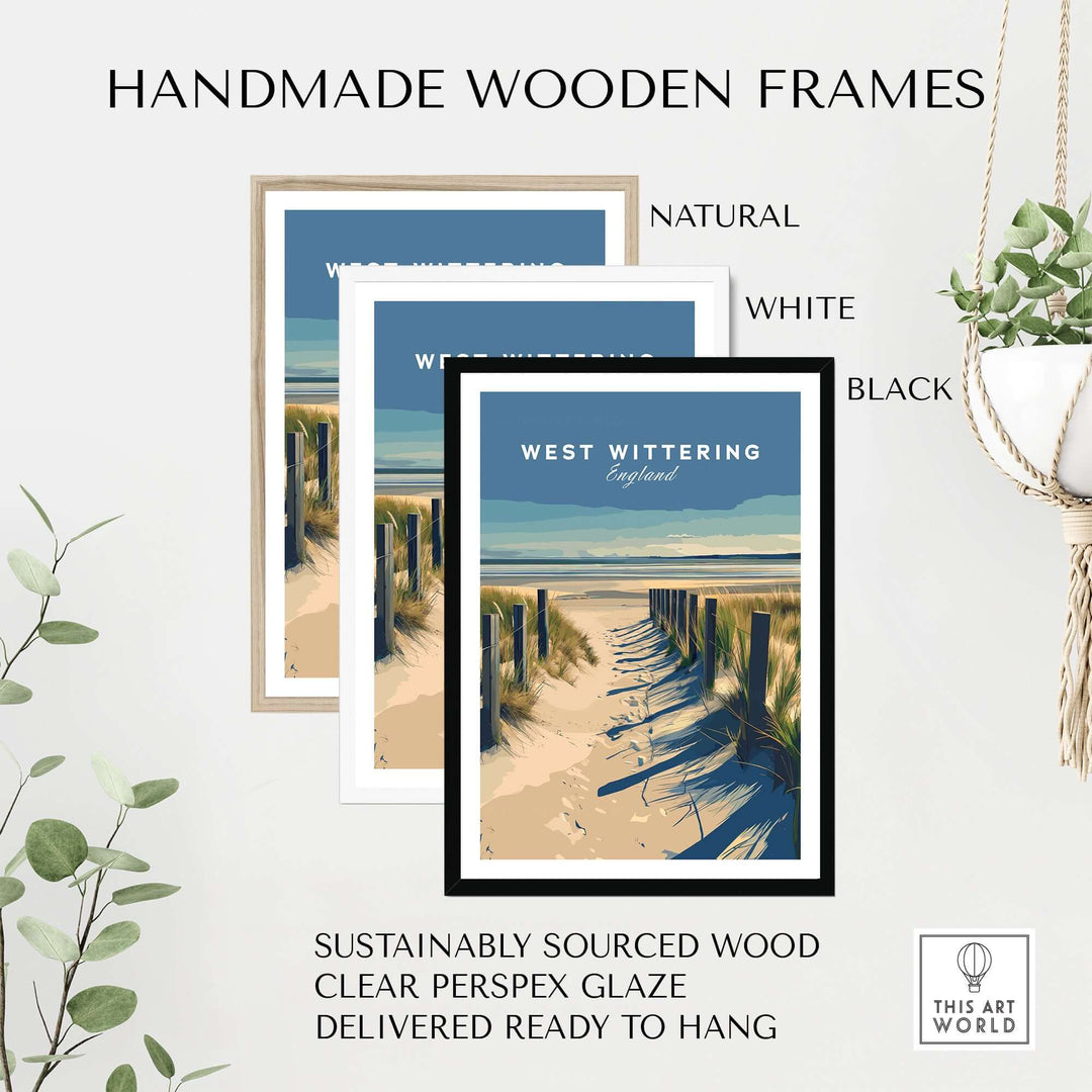 Handmade wooden frames for West Wittering coastal art print in natural, white, and black finishes.