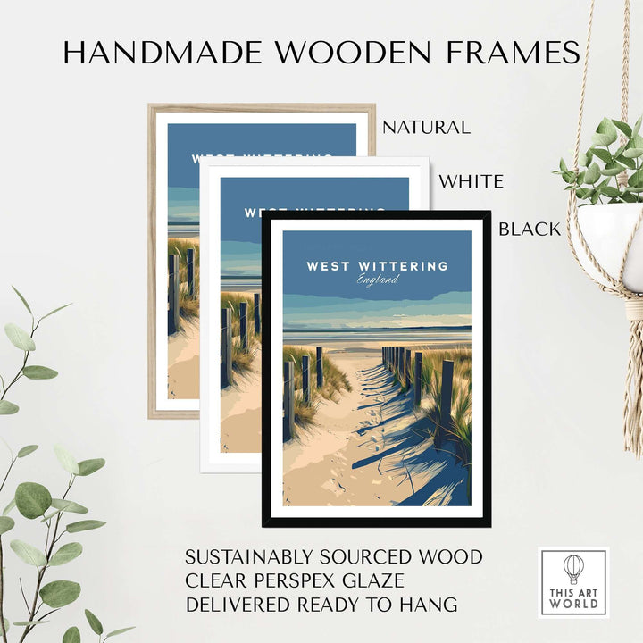 Handmade wooden frames for West Wittering coastal art print in natural, white, and black finishes.