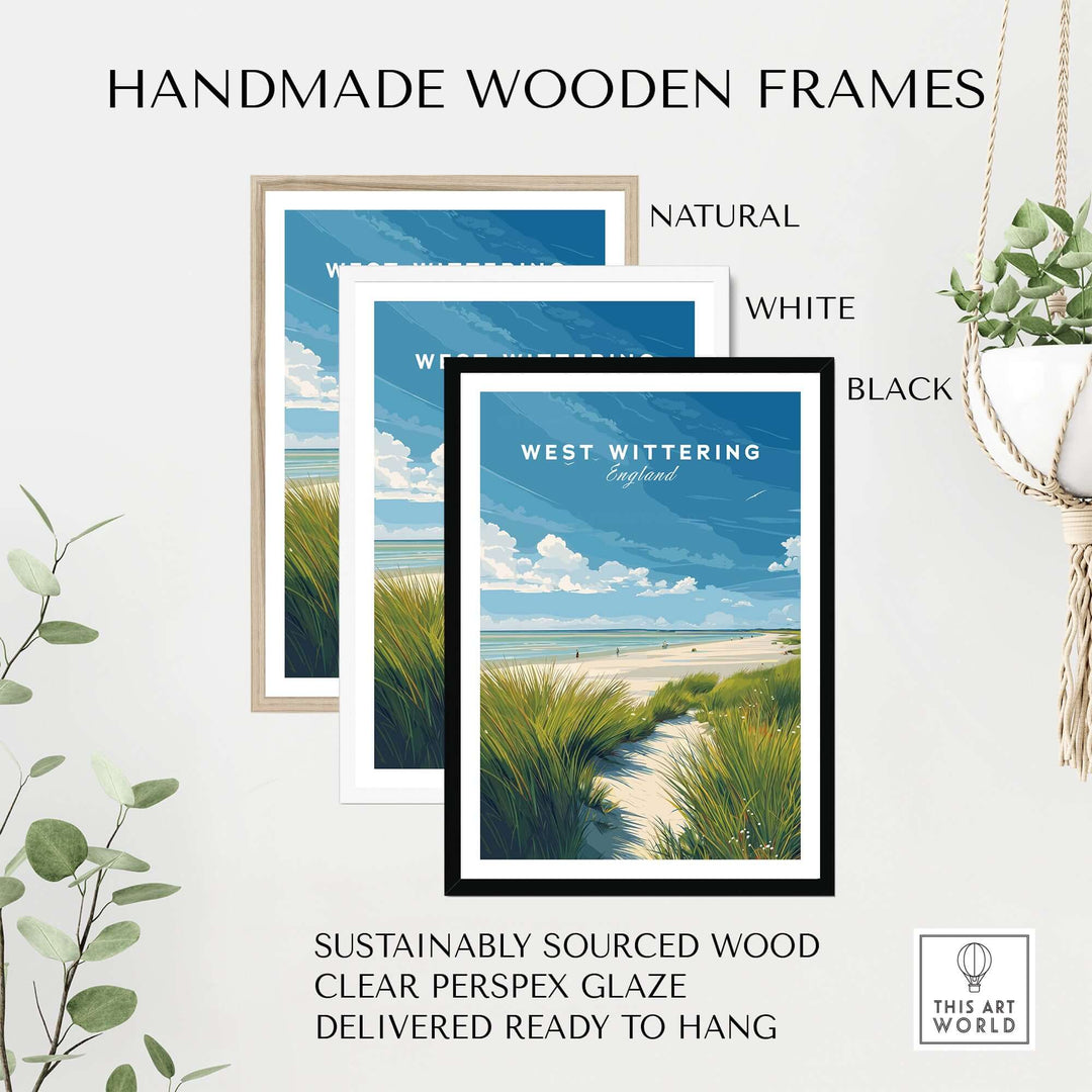 Handmade wooden frames in natural, white, and black for West Wittering coastal poster, ready to hang.