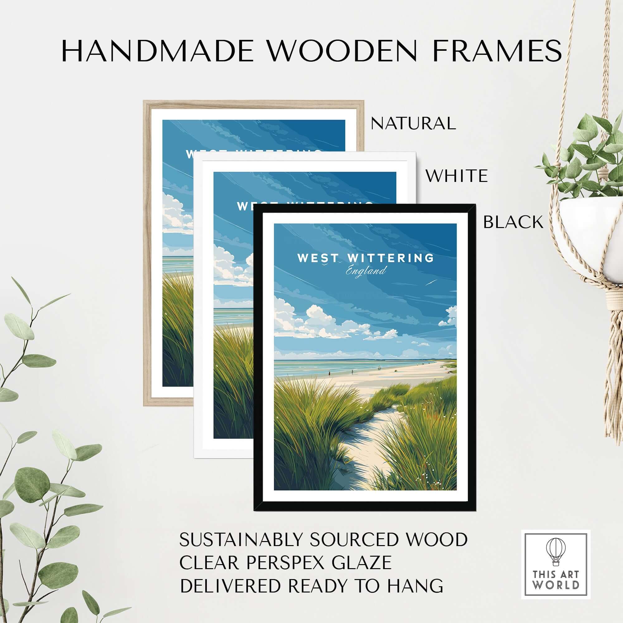 West Wittering Poster - UK Travel Print - Minimalist Coastal Home Decor displayed in handmade wooden frames.