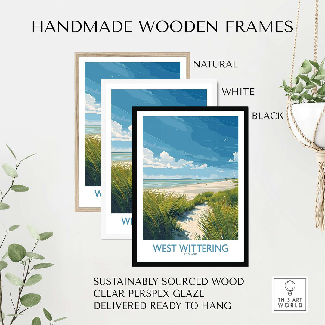 Handmade wooden frames in natural, white, and black, showcasing West Wittering Print coastal art, sustainably sourced wood.