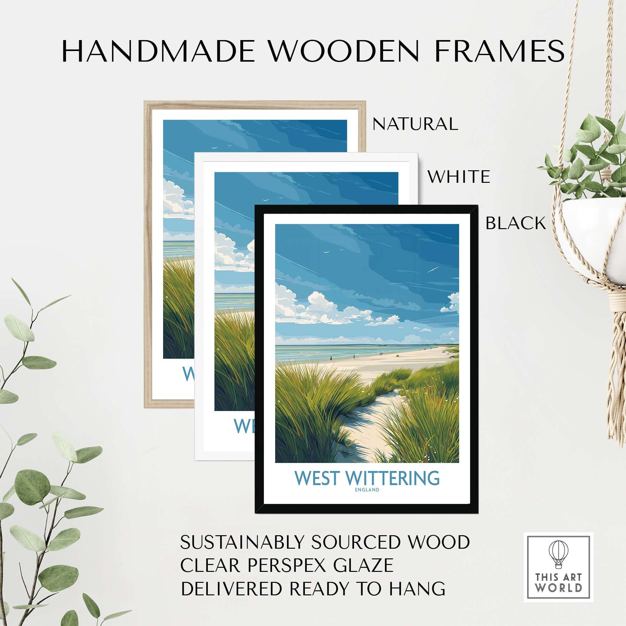 West Wittering Print - Sussex Grass Dunes Poster - English Coast Wall Art with handmade wooden frames in natural, white, and black.