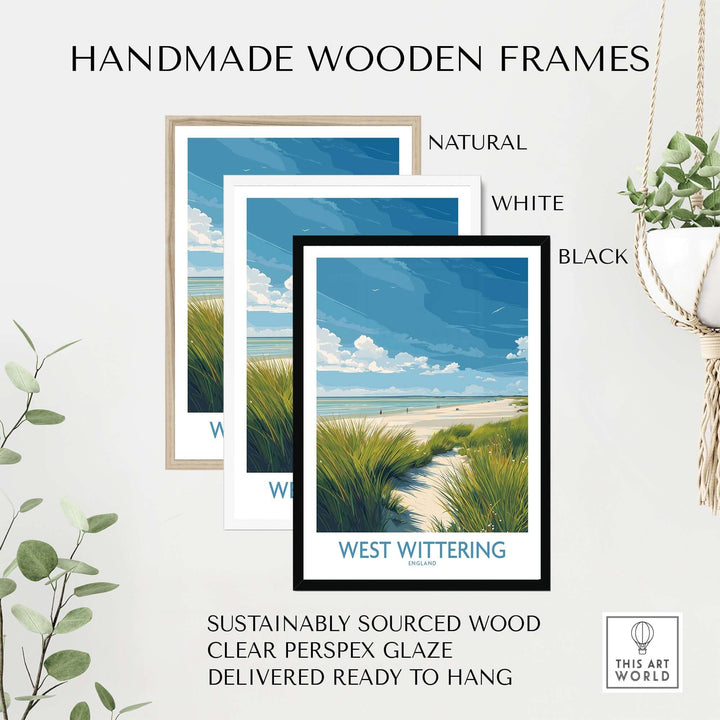 Handmade wooden frames in natural, white, and black, showcasing West Wittering Print coastal art, sustainably sourced wood.