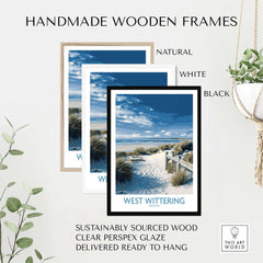 West Wittering Poster - Sussex Dunes Wall Art - English Coastal Print in natural, white, and black handmade wooden frames.