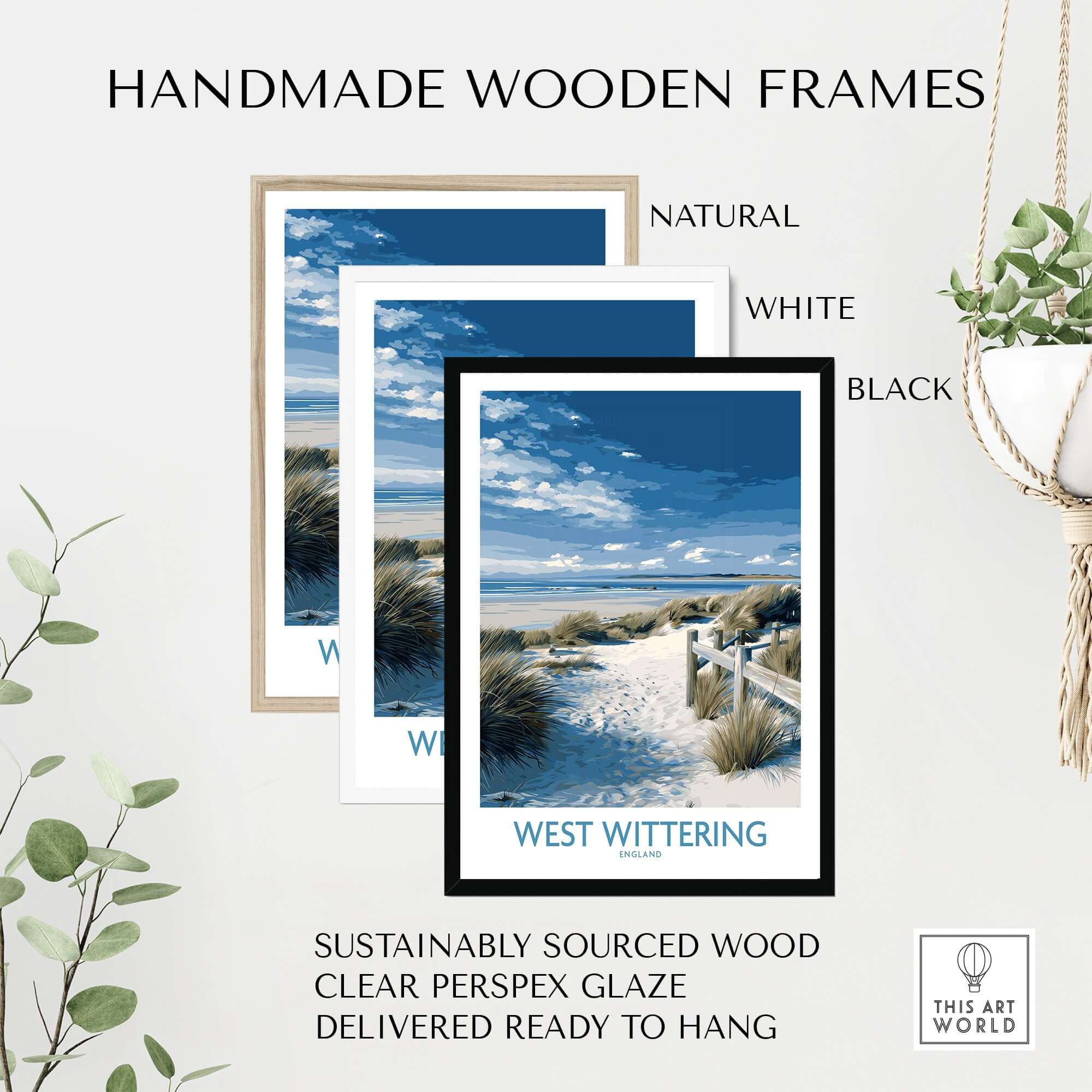 West Wittering Poster - Sussex Dunes Wall Art - English Coastal Print in natural, white, and black handmade wooden frames.