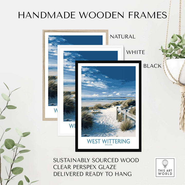 Handmade wooden frames in natural, white, and black, featuring West Wittering coastal print, sustainably sourced materials.