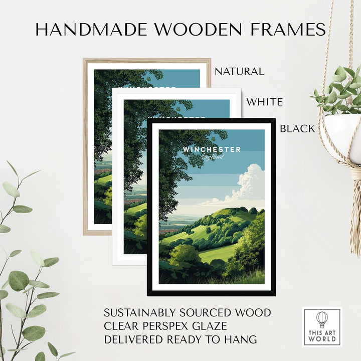 Handmade wooden frames in natural, white, and black for Winchester print wall art, ready to hang.