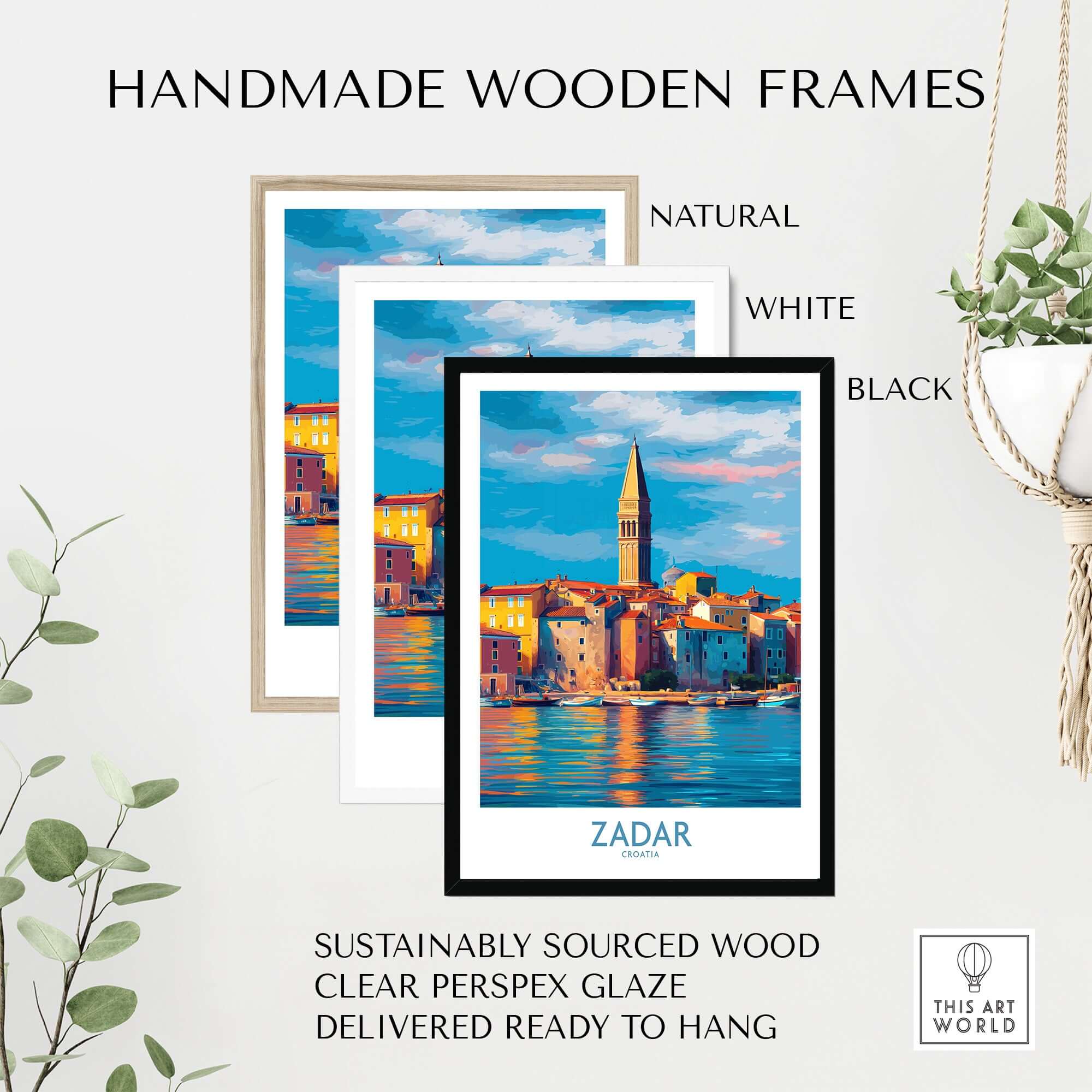 Handmade wooden frames for Zadar Croatia Art Print | Colorful Seaside Town Poster, available in natural, white, and black.