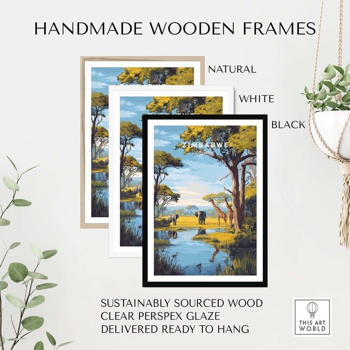 Handmade wooden frames in natural, white, and black options for Zimbabwe travel print poster, ready to hang.
