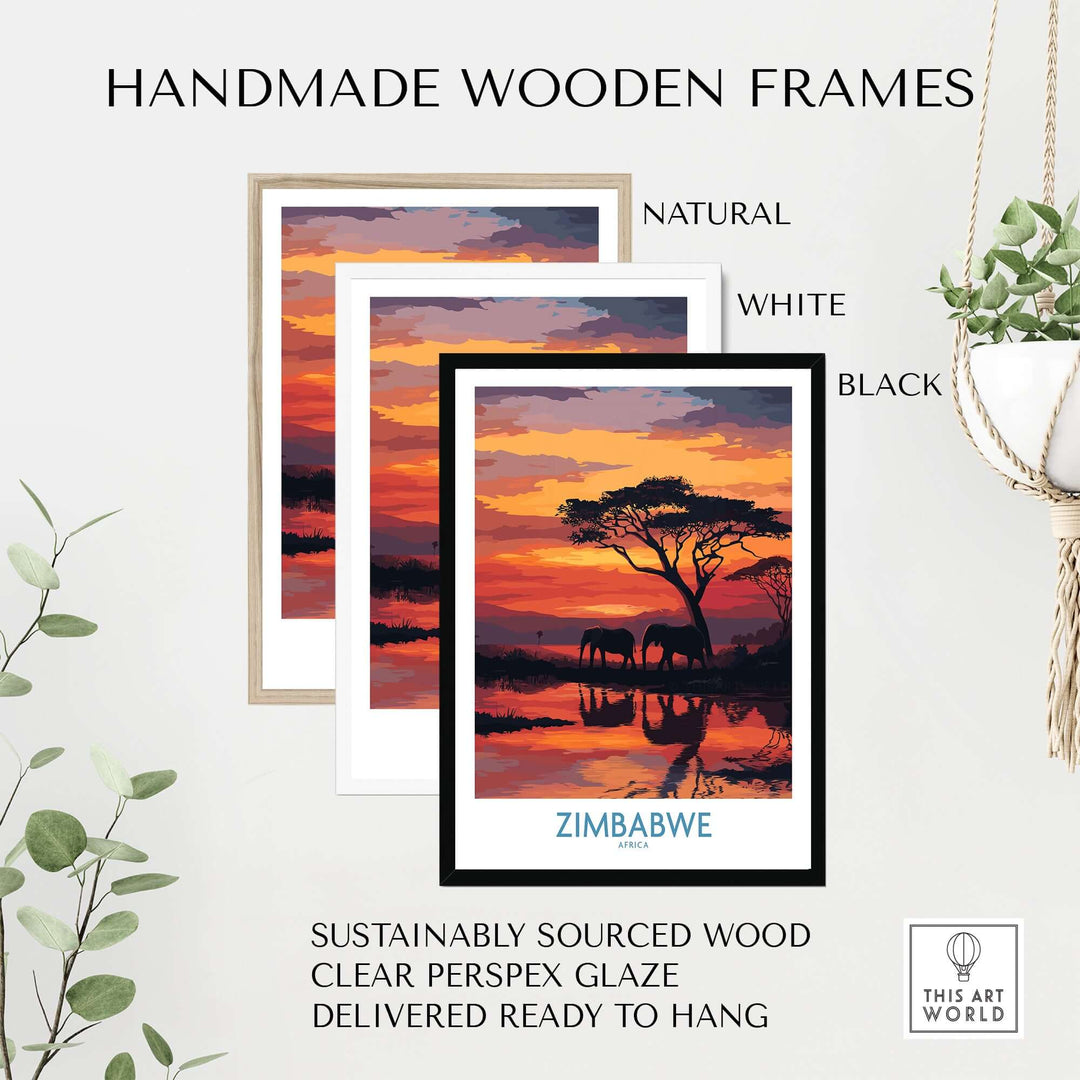 Handmade wooden frames in natural, white, and black for Zimbabwe elephant wall art, ready to hang and sustainably sourced.