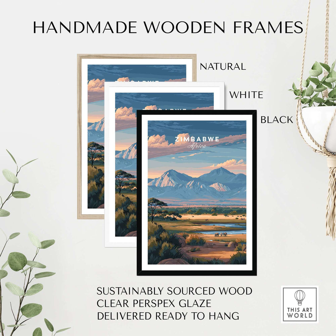 Handmade wooden frames in natural, white, and black for Zimbabwe poster, ready to hang, sustainably sourced wood.