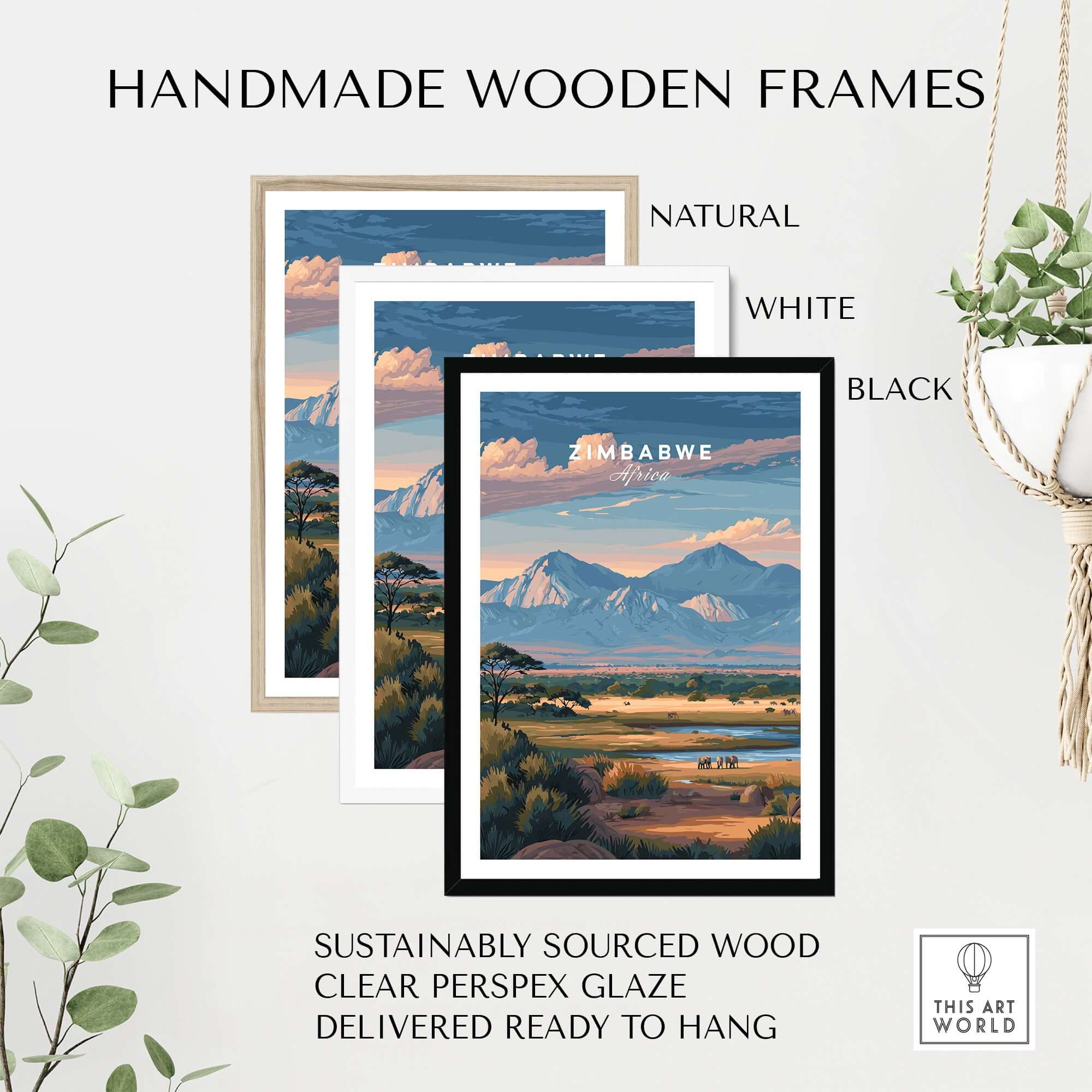Handmade wooden frames for Zimbabwe Poster - African Savanna Print - Wildlife Home Decor in natural, white, and black.