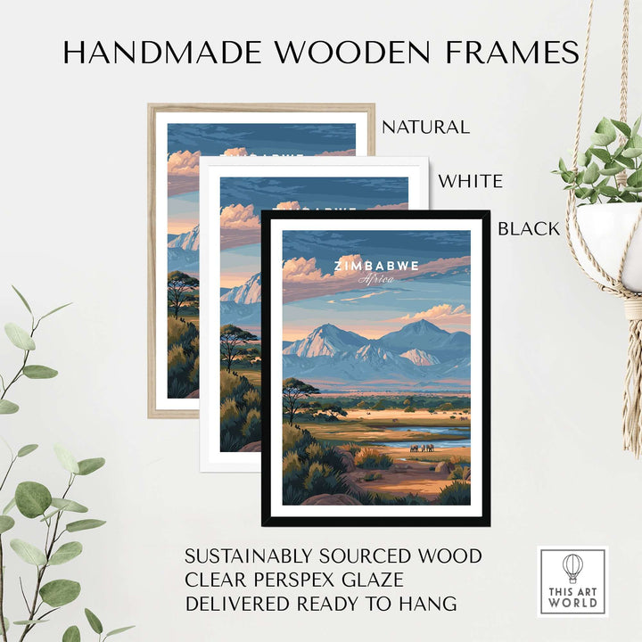 Handmade wooden frames in natural, white, and black for Zimbabwe poster, ready to hang, sustainably sourced wood.
