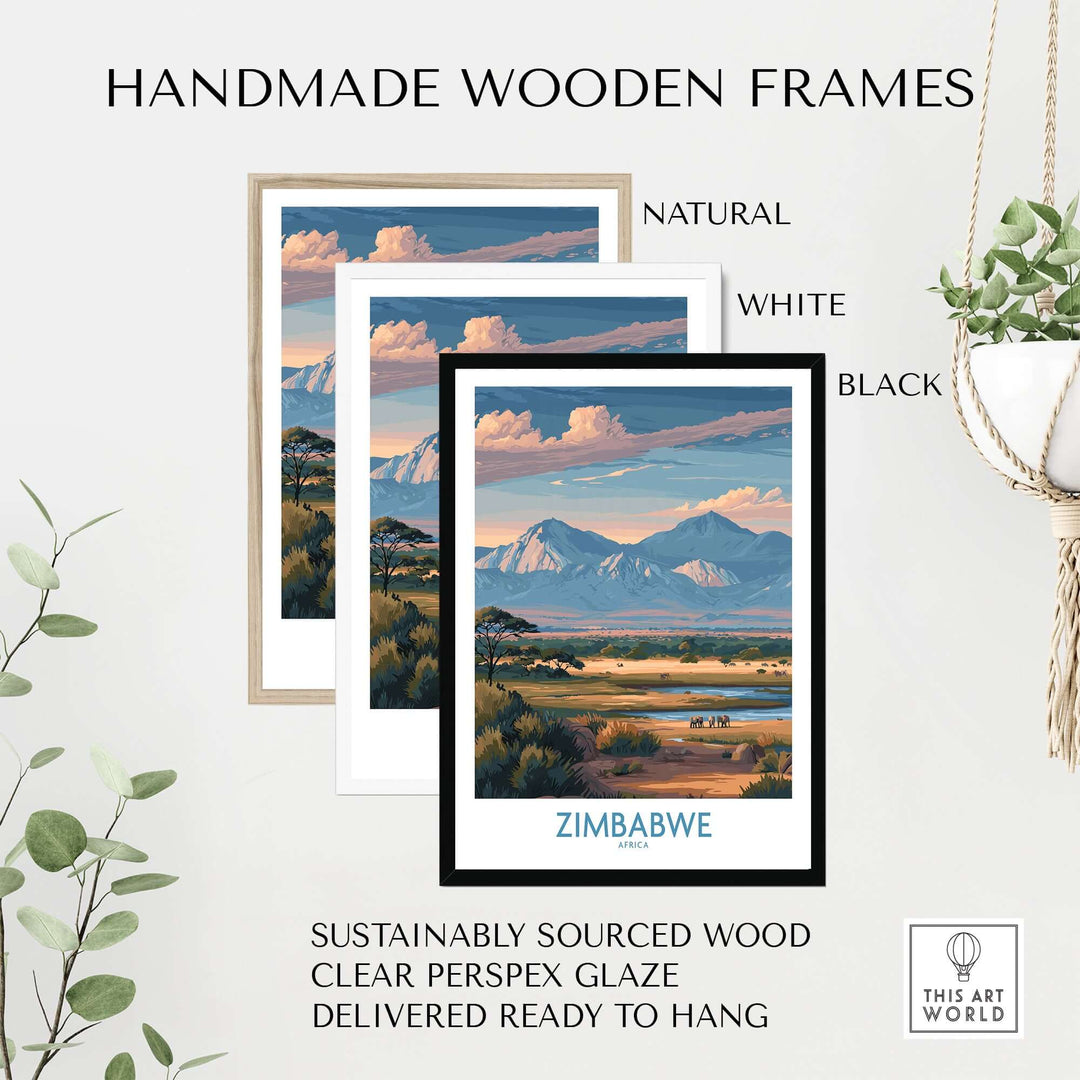 Handmade wooden frames in natural, white, and black for Zimbabwe wall art, crafted from sustainably sourced wood.