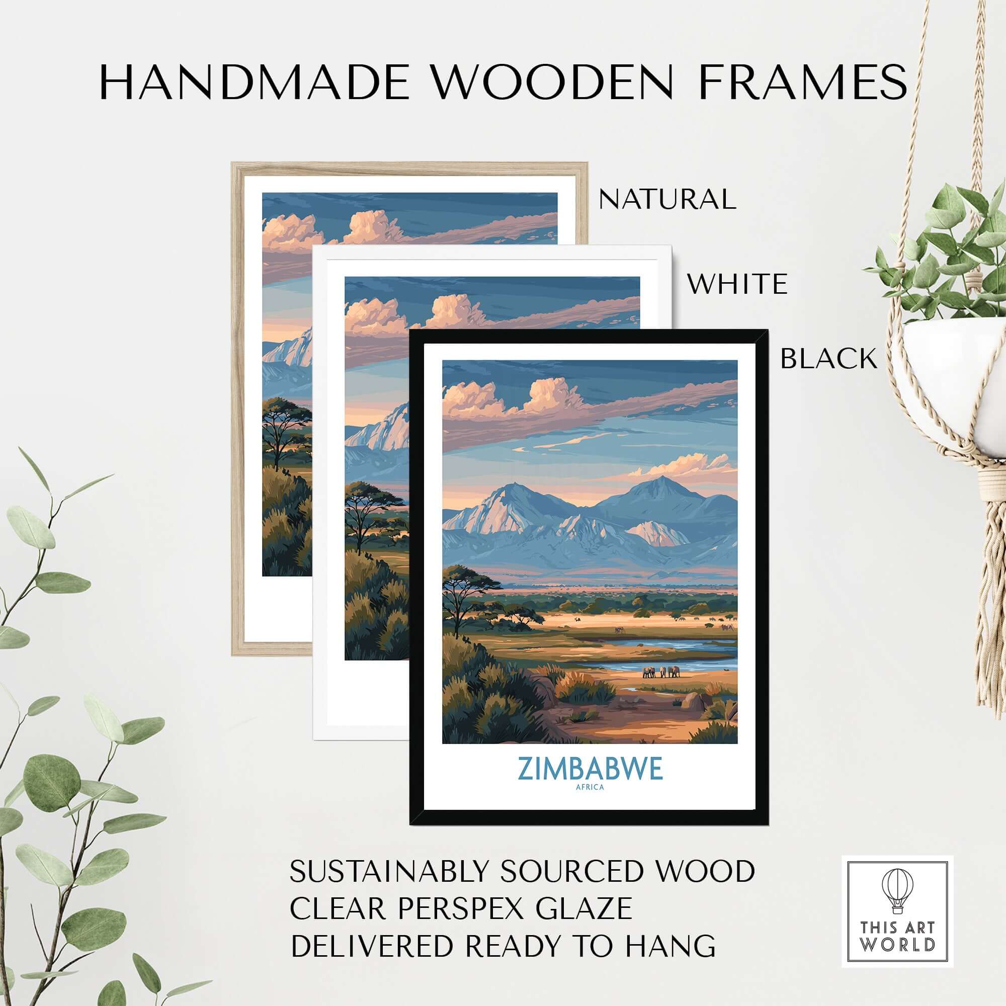 Zimbabwe Wall Art - African Safari Poster - Elephant Travel Print in handmade wooden frames.