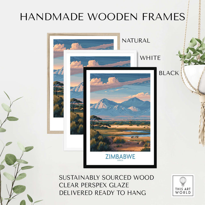 Handmade wooden frames in natural, white, and black for Zimbabwe wall art, crafted from sustainably sourced wood.