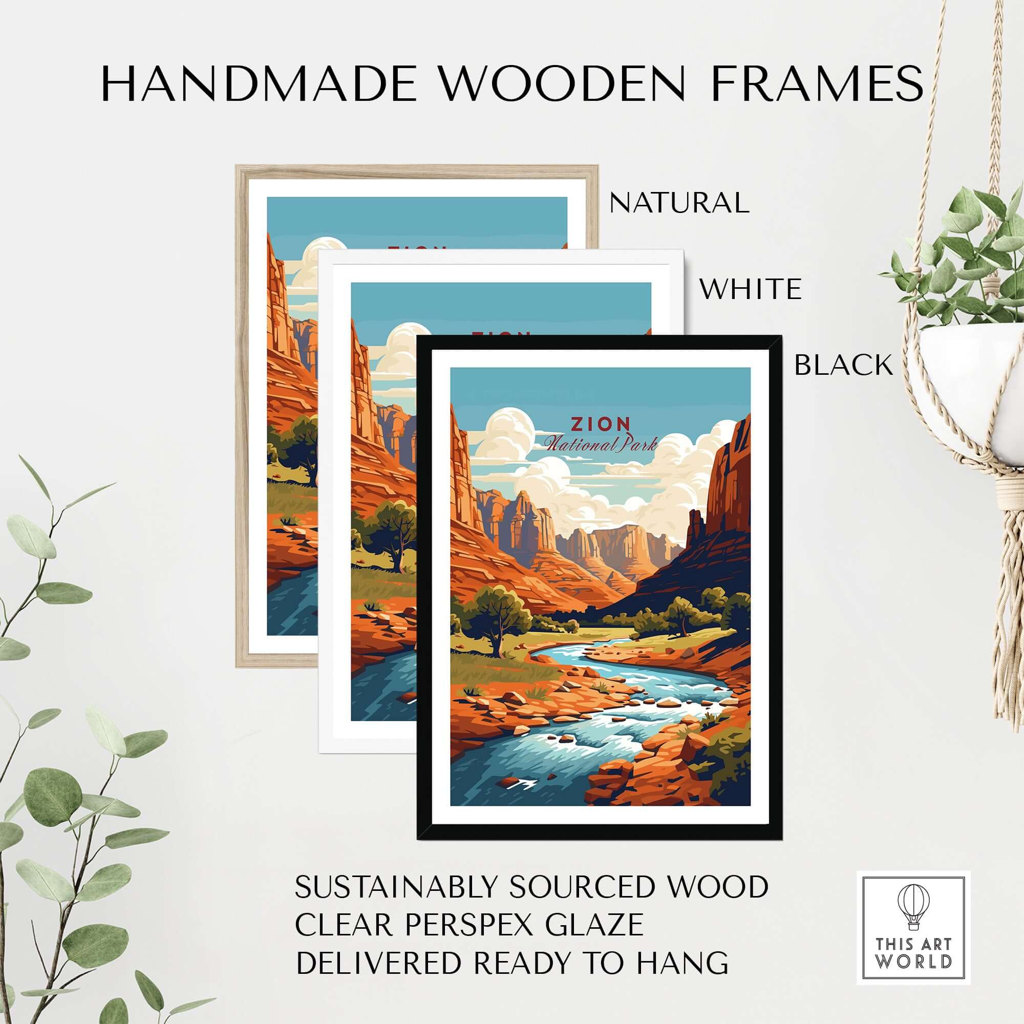 Handmade wooden frames for Zion NP Majestic Red Rock Cliffs Print | Utah National Park Wall Art in natural, white, and black.