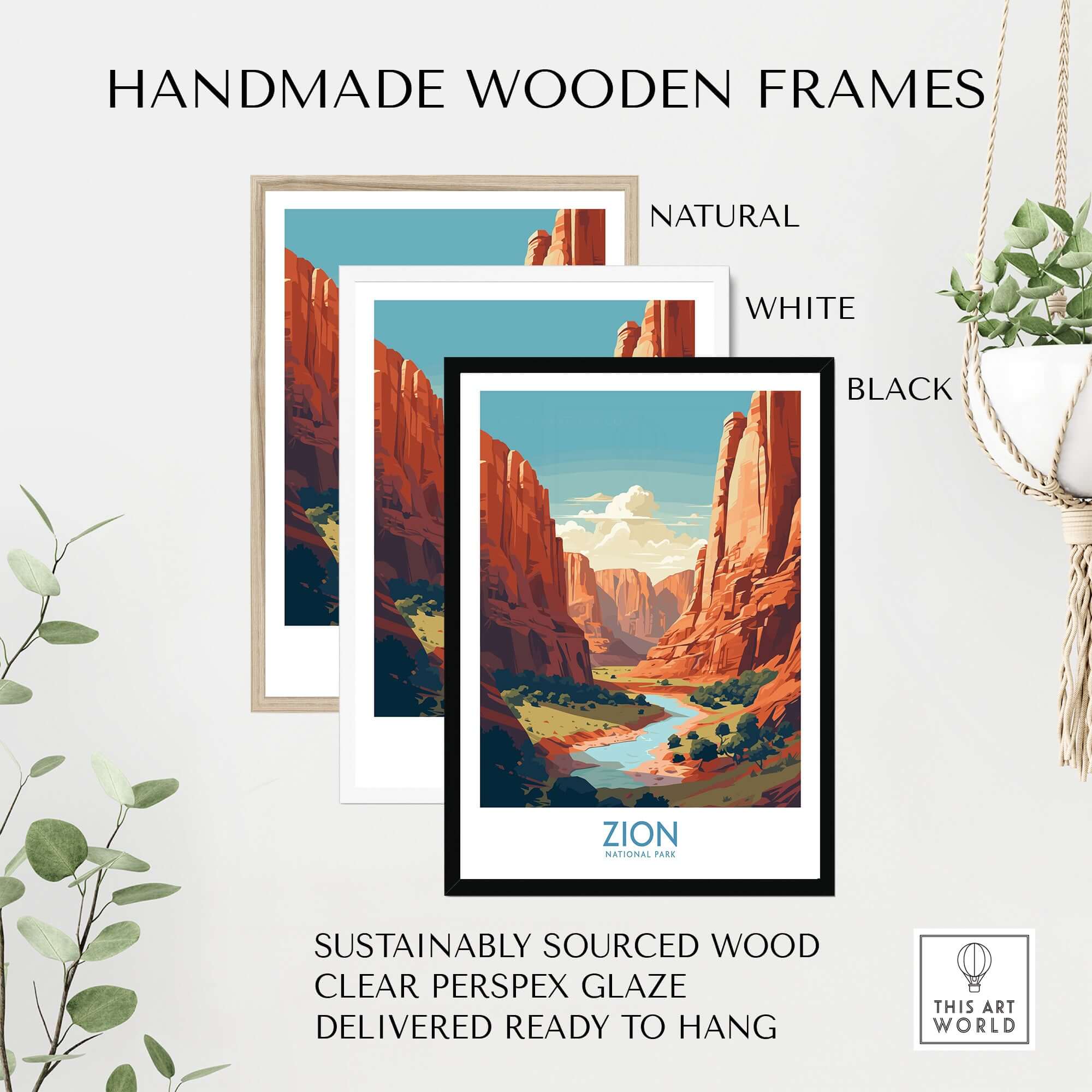 Zion National Park Canyon River Art Print | Utah Travel Poster displayed in handmade wooden frames in natural, white, and black.