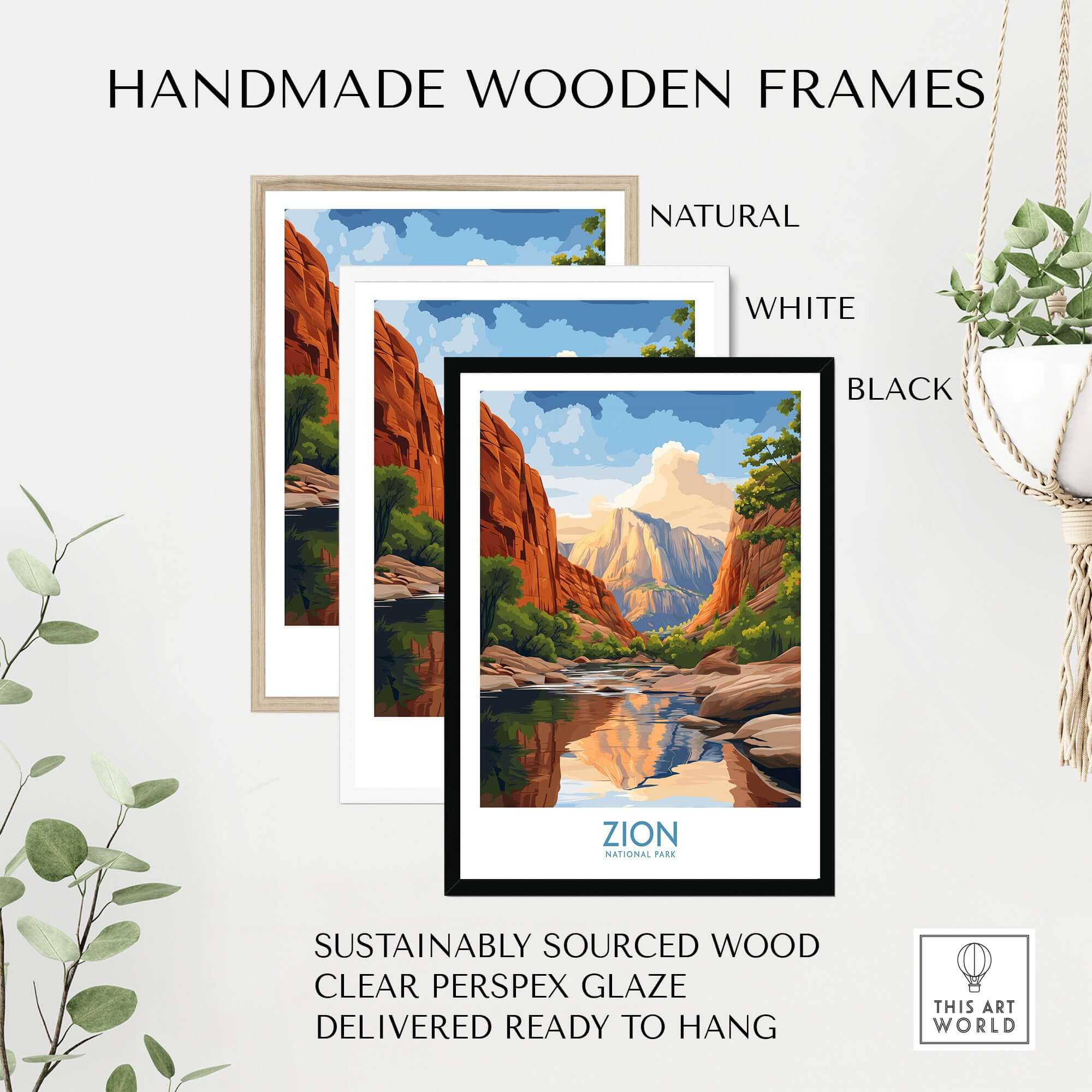 Zion National Park Poster | Canyon Walls Print in handmade wooden frames showcasing natural, white, and black options.