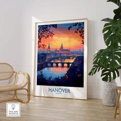 Hanover Travel Poster featuring a breathtaking sunset and skyline of Hanover, Germany, perfect for travel lovers.