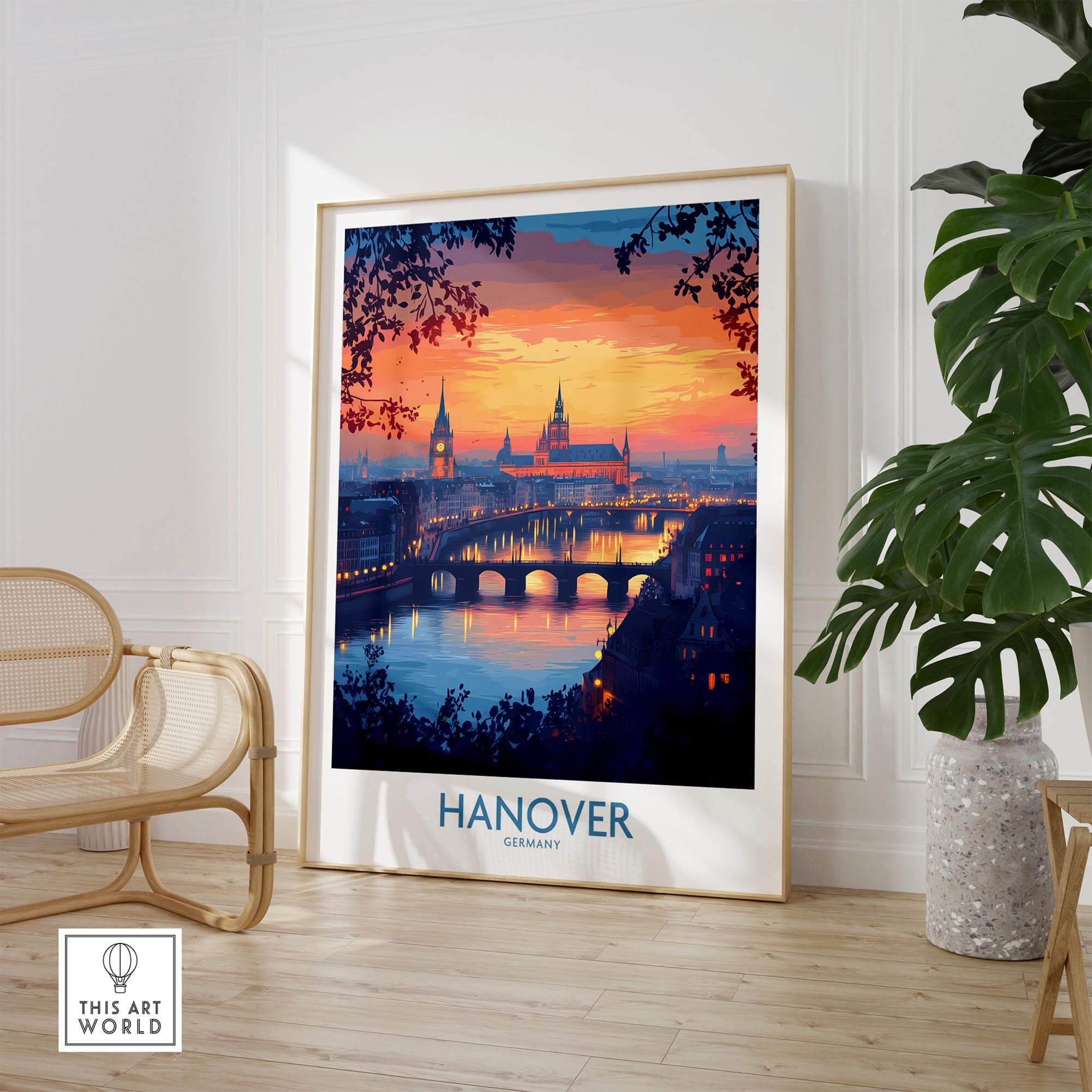 Hanover Travel Poster featuring a breathtaking sunset and skyline of Hanover, Germany, perfect for travel lovers.