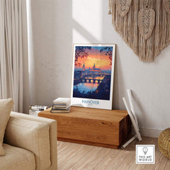 Hanover Travel Poster showcasing a sunset over the iconic skyline, perfect for travel enthusiasts and home decor.