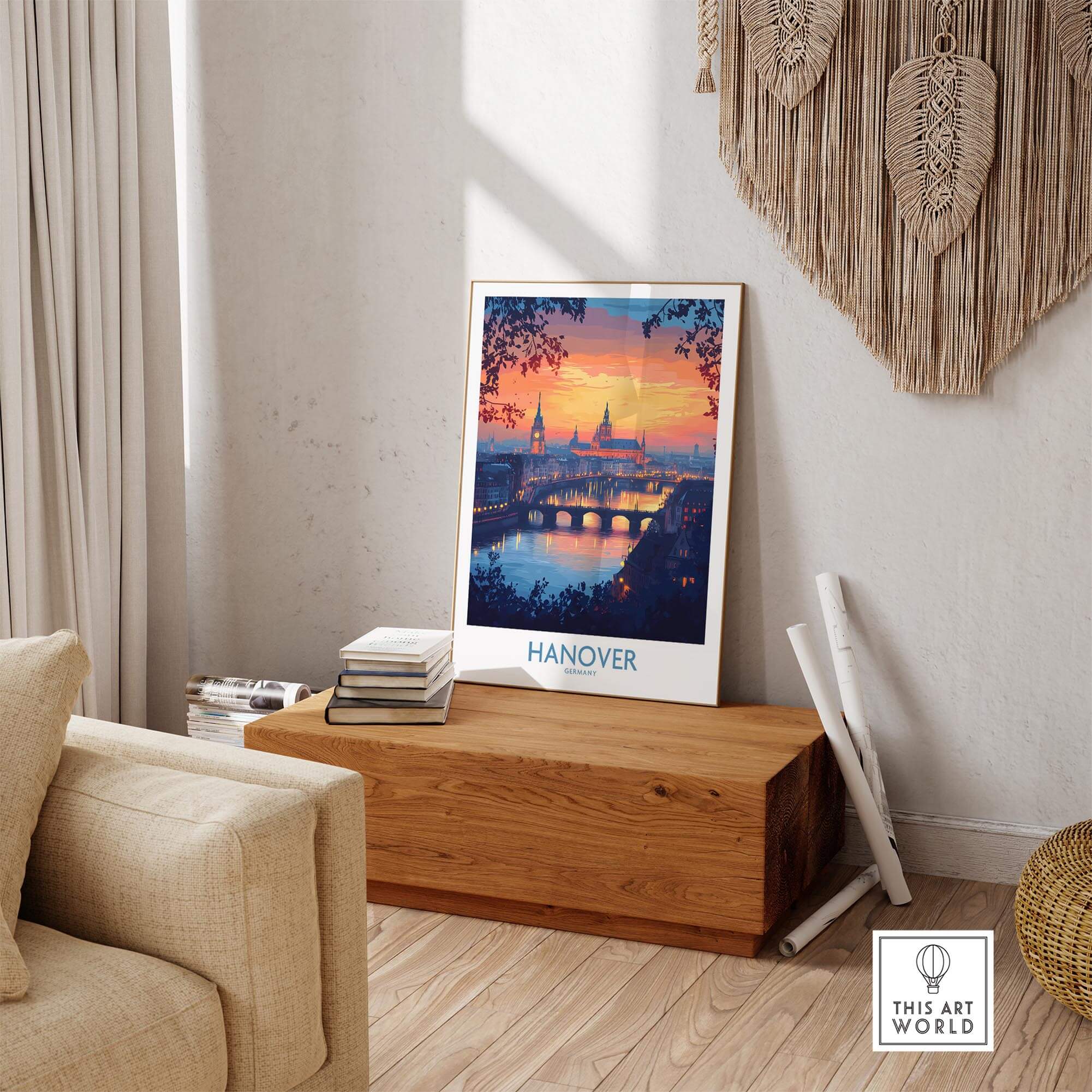 Hanover Travel Poster showcasing a sunset over the iconic skyline, perfect for travel enthusiasts and home decor.