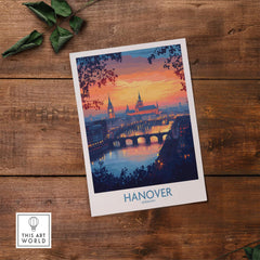 Hanover Travel Poster featuring a stunning sunset over the skyline of Hanover, Germany, perfect for travel lovers.