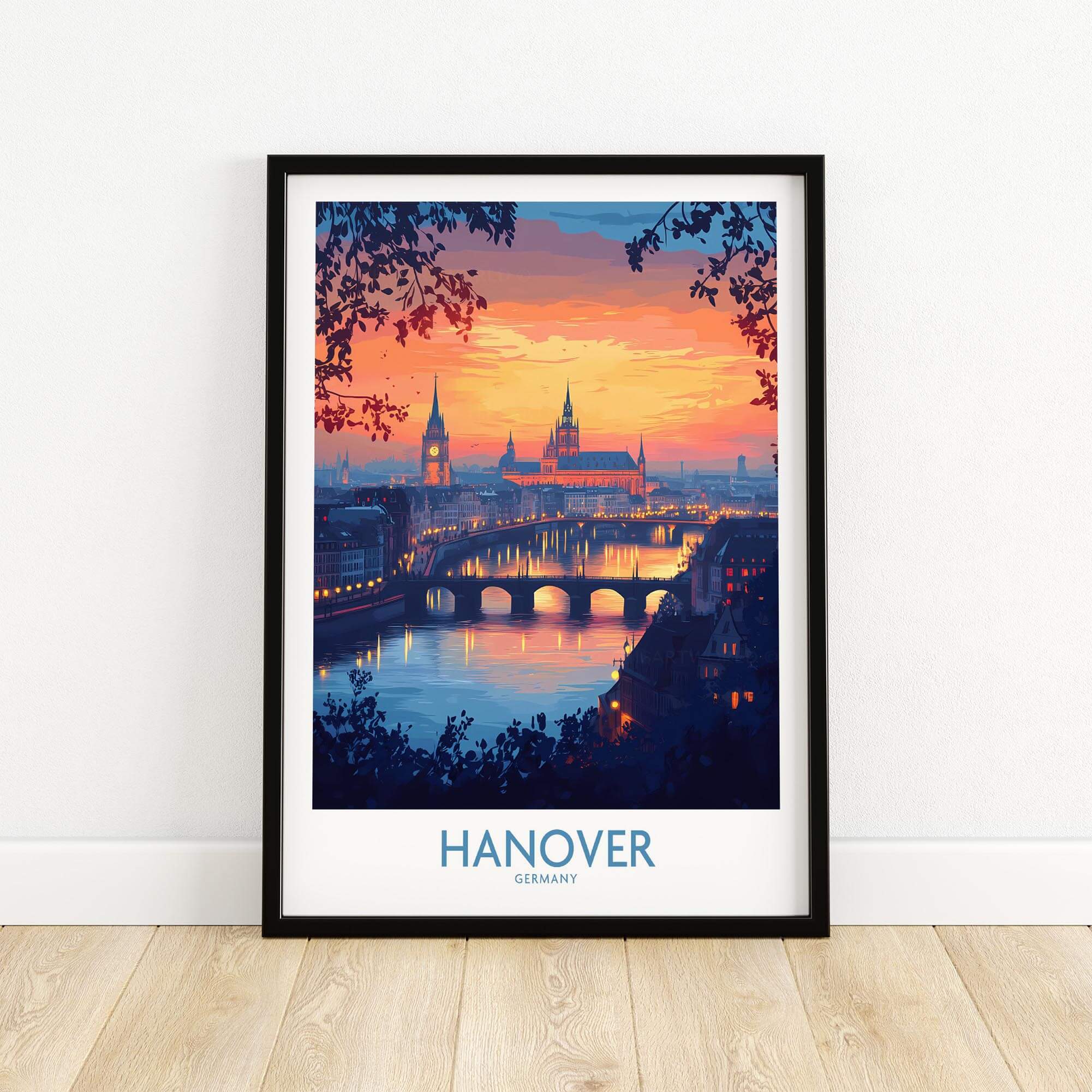 Hanover Travel Poster featuring a sunset and skyline, showcasing the beauty of Hanover, Germany.
