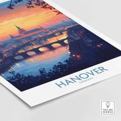 Hanover Travel Poster featuring a vibrant sunset and iconic skyline of Hanover, Germany.