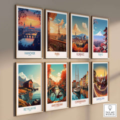 Hanover Travel Poster showcasing vibrant skyline and sunset alongside other iconic city travel posters.