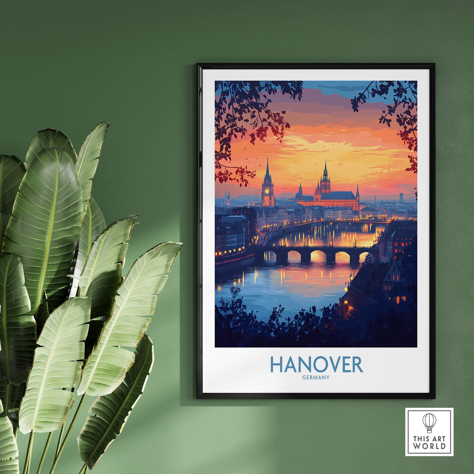 Hanover Travel Poster showcasing a breathtaking sunset over the iconic skyline of Hanover, Germany.
