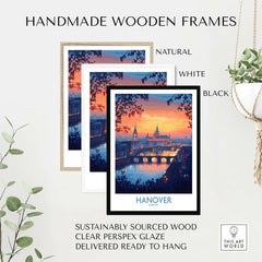 Hanover Travel Poster displayed in three handmade wooden frames: natural, white, and black, featuring a sunset and skyline.